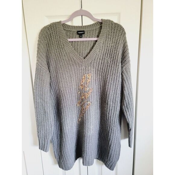 Torrid 1 Gray Cable Knit Heavy Warm Cozy Sweater Pullover Lightning Bolt Beading - Picture 1 of 10